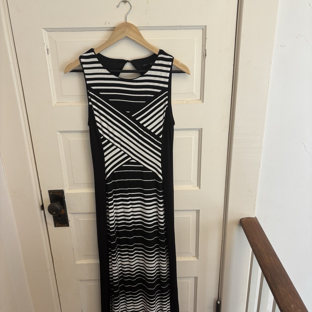 White House Black Market Black Striped Maxi Dress Stretch Keyhole Small $130